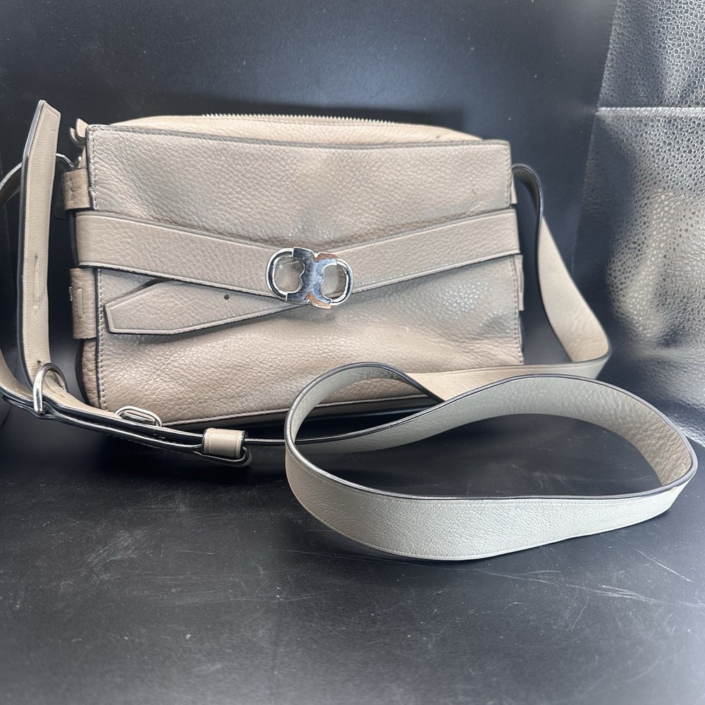 Tory Burch Gemini Link Camera Bag Taupe Silver Leather Crossbody Purse Square